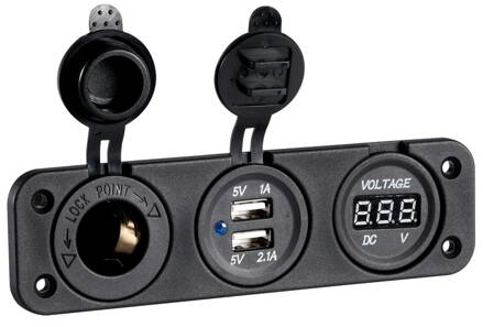 Panel s digitálním voltmetrem 8/32V, dvojitou USB zásuvkou a 12V zásuvkou