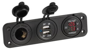 Panel s digitálním voltmetrem 8/32V, ampermetrem 0/10A, 12V zásuvkou a dvojitou USB