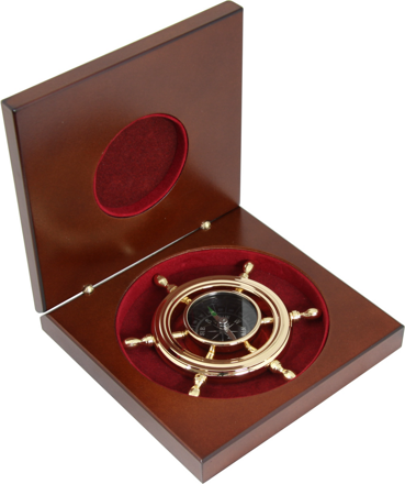 Kompas ve tvaru kormidelního kola v dárkové krabičce - mosaz