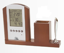Dřevěný držák na pero s digitální stanicí (hodiny, teplota, atd.)